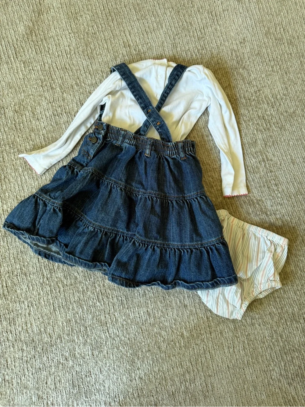 Janie And Jack 3 Piece Denim Overall Dress Horse Bodysuit Bloomers 12-18M